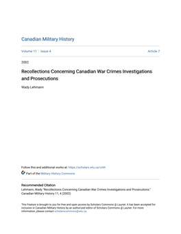 Recollections Concerning Canadian War Crimes Investigations and Prosecutions