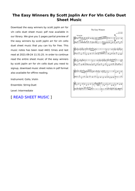 The Easy Winners by Scott Joplin Arr for Vln Cello Duet Sheet Music