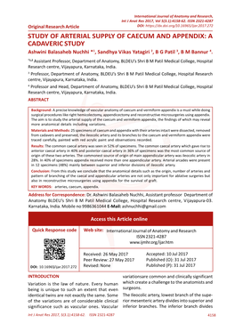 STUDY of ARTERIAL SUPPLY of CAECUM and APPENDIX: a CADAVERIC STUDY Ashwini Balasaheb Nuchhi *1, Sandhya Vikas Yatagiri 2, B G Patil 3, B M Bannur 4