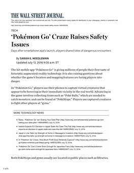 Pokémon Go’ Craze Raises Safety Issues Days After Smartphone App’S Launch, Players Shared Tales of Dangerous Encounters