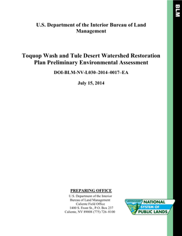 Toquop Wash and Tule Desert Watershed Restoration Plan Preliminary Environmental Assessment DOI-BLM-NV-L030–2014–0017–EA