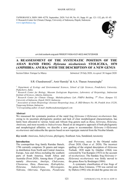 A REASSESSMENT of the SYSTEMATIC POSITION of the ASIAN RANID FROG Hylorana Nicobariensis STOLICZKA, 1870 (AMPHIBIA: ANURA) with the DESCRIPTION of a NEW GENUS