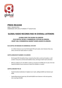 PRESS RELEASE NEWS - RAJAR Q2 2012 EMBARGOED UNTIL 00.01 THURSDAY 2Nd AUGUST 2012