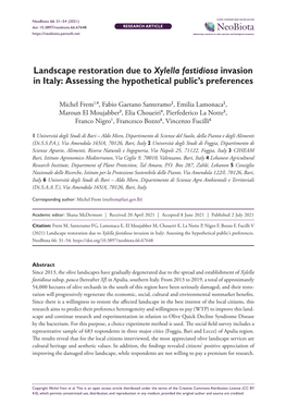 Landscape Restoration Due to Xylella Fastidiosa Invasion in Italy: Assessing the Hypothetical Public’S Preferences