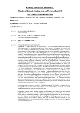 Cressage, Harley and Sheinton PC Minutes of Council Meeting Held on 7Th November 2018 at Cressage Village Hall at 7Pm Present: Cllr