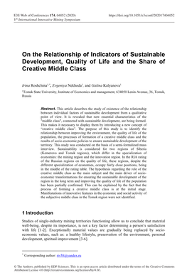 On the Relationship of Indicators of Sustainable Development, Quality of Life and the Share of Creative Middle Class