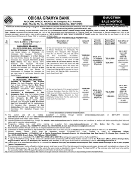 ODISHA GRAMYA BANK E-AUCTION REGIONAL OFFICE: KHURDA, At: Sanapalla, P.O.: Pallahat, SALE NOTICE Dist.: Khurda, Ph