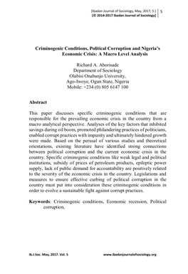 Criminogenic Conditions, Political Corruption and Nigeria’S Economic Crisis: a Macro Level Analysis