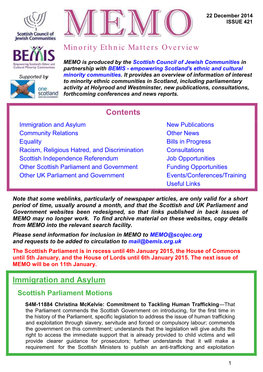 MEMO Is Produced by the Scottish Council of Jewish Communities in Partnership with BEMIS - Empowering Scotland's Ethnic and Cultural