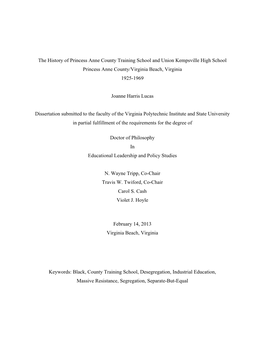 The History of Princess Anne County Training School and Union Kempsville High School Princess Anne County/Virginia Beach, Virginia 1925-1969