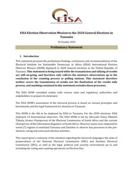 EISA Election Observation Mission to the 2020 General Elections in Tanzania 30 October 2020 Preliminary Statement