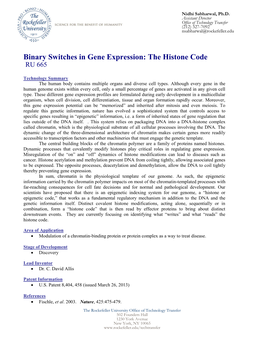 Binary Switches in Gene Expression: the Histone Code RU 665