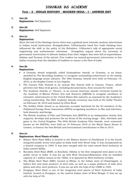 SHANKAR IAS ACADEMY Test – 2 - INDIAN HISTORY - MODERN INDIA – I – ANSWER KEY