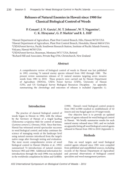 Releases of Natural Enemies in Hawaii Since 1980 for Classical Biological Control of Weeds