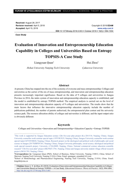 Evaluation of Innovation and Entrepreneurship Education Capability in Colleges and Universities Based on Entropy TOPSIS-A Case Study