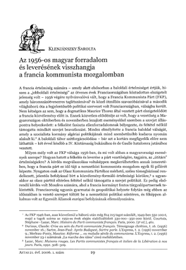 Az 1956-Os Magyar Forradalom És Leverésének Visszhangja a Francia Kommunista Mozgalomban