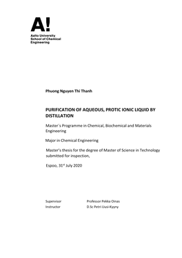 Purification of Aqueous, Protic Ionic Liquid by Distillation