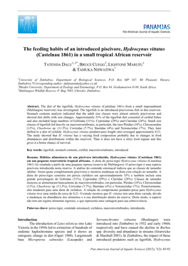 The Feeding Habits of an Introduced Piscivore, Hydrocynus Vittatus (Castelnau 1861) in a Small Tropical African Reservoir