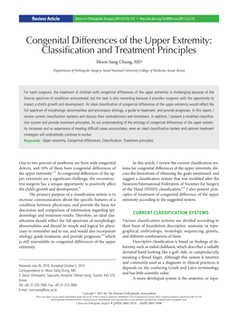 Congenital Differences of the Upper Extremity: Classifi Cation and Treatment Principles Moon Sang Chung, MD