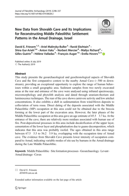 New Data from Shovakh Cave and Its Implications for Reconstructing Middle Paleolithic Settlement Patterns in the Amud Drainage, Israel