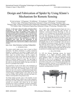 Design and Fabrication of Spider by Using Klann's Mechanism for Remote Sensing