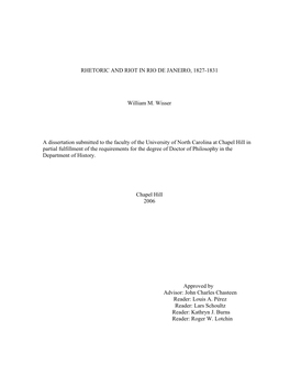 RHETORIC and RIOT in RIO DE JANEIRO, 1827-1831 William M