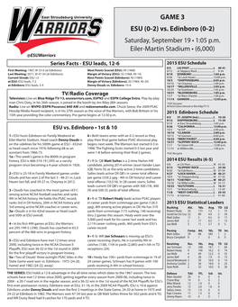 GAME NOTES ESU at a Glance Denny Douds Is 3Rd in Career Wins in Division II History, and 20Th in DENNY DOUDS by the NUMBERS Location