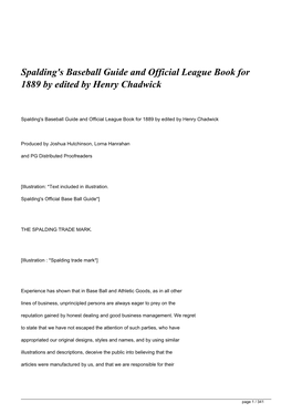 Spalding's Baseball Guide and Official League Book for 1889 by Edited by Henry Chadwick