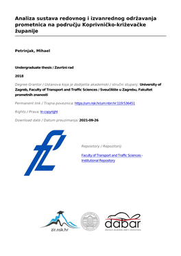 Analiza Sustava Redovnog I Izvanrednog Održavanja Prometnica Na Području Koprivničko-Križevačke Županije