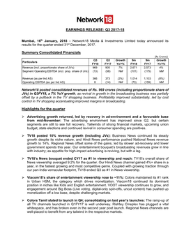 Q3 2017-18 Summary Consolidated Financials Highlights