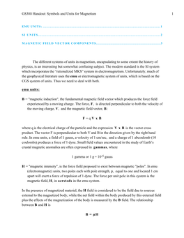 Symbols and Units for Magnetism 1 the Different Systems of Units in Magnetism, Encapsulating to Some Extent the H