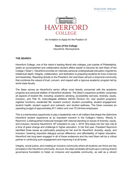 An Invitation to Apply for the Position Of: Dean of the College Haverford
