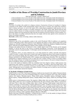 Conflict of the House of Worship Construction in Jambi Province and Its Solution Robi’Atul Adawiyah 1*, Ismanto 2, Mohd Yasin 3 1