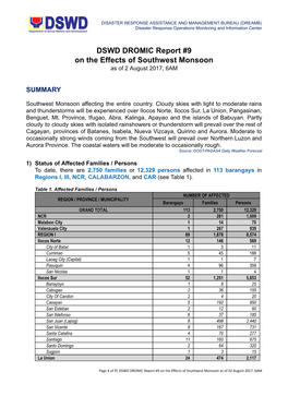 DSWD DROMIC Report #9 on the Effects of Southwest Monsoon As of 2 August 2017, 6AM