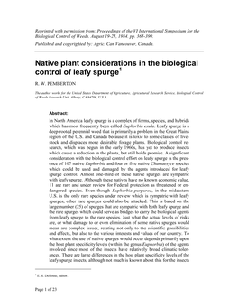 Native Plant Considerations in the Biological Control of Leafy Spurge1