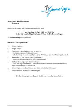 Sitzungsunterlagen Bekanntmachung 20.04.2021 Gemeinderat