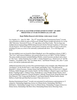 35Th ANNUAL DAYTIME ENTERTAINMENT EMMY® AWARDS PRESENTED at STAR-STUDDED GALA on ABC