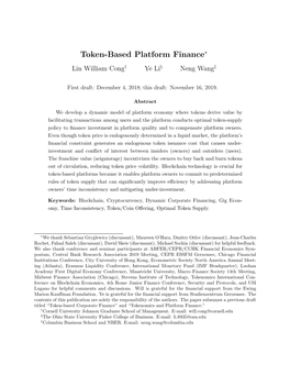 Token-Based Platform Finance∗ Lin William Cong† Ye Li§ Neng Wang‡