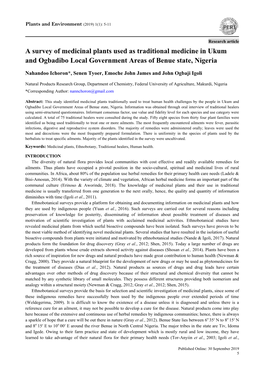 A Survey of Medicinal Plants Used As Traditional Medicine in Ukum and Ogbadibo Local Government Areas of Benue State, Nigeria