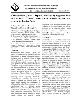 Chironomidae (Insecta: Diptera) Biodiversity at Generic Level in Lar River, Tehran Province with Introducing Two New Genera for Iranian Fauna