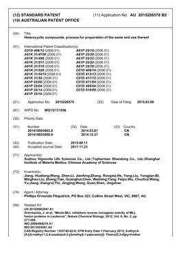 (12) STANDARD PATENT (11) Application No. AU 2015226578 B2 (19) AUSTRALIAN PATENT OFFICE