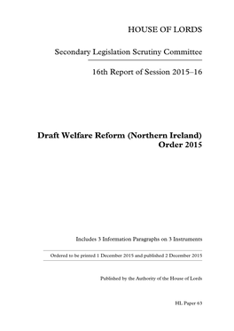 Draft Welfare Reform (Northern Ireland) Order 2015