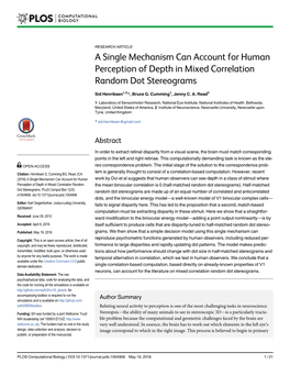 A Single Mechanism Can Account for Human Perception of Depth in Mixed Correlation Random Dot Stereograms