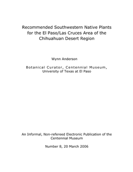 Recommended Southwestern Native Plants for the El Paso/Las Cruces Area of the Chihuahuan Desert Region