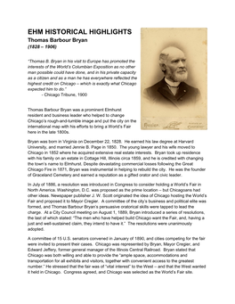 EHM HISTORICAL HIGHLIGHTS Thomas Barbour Bryan (1828 – 1906)
