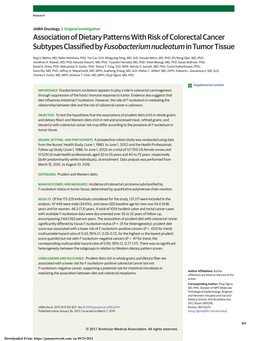 Association of Dietary Patterns with Risk of Colorectal Cancer Subtypes Classified by Fusobacterium Nucleatum in Tumor Tissue