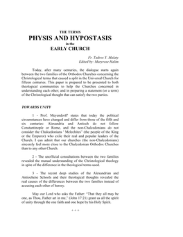 PHYSIS and HYPOSTASIS in the EARLY CHURCH