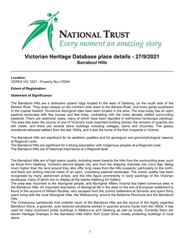 Victorian Heritage Database Place Details - 27/9/2021 Barrabool Hills