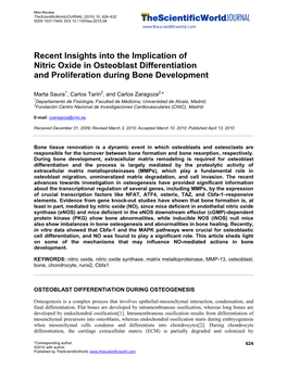 Recent Insights Into the Implication of Nitric Oxide in Osteoblast Differentiation and Proliferation During Bone Development