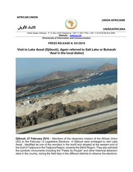 Visit to Lake Assal (Djibouti), Again Referred to Salt Lake Or Buharah ‘Asal in the Local Dialect